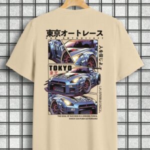 Beyaz Erkek Bisiklet Yaka Tokyo Car Baskılı Oversize/Geniş Kalıp Örme T-Shirt - Görsel 13