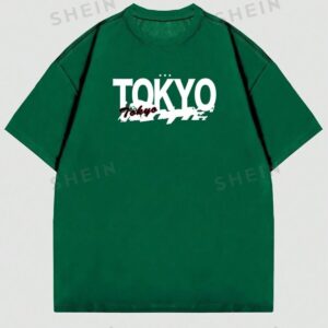 Yeşil Erkek Bisiklet Yaka Tokyo Baskılı Oversize/Geniş Kalıp Örme T-Shirt - Görsel 4