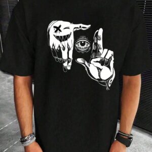 Beyaz Erkek Bisiklet Yaka Göz Baskılı Oversize/Geniş Kalıp Örme T-Shirt - Görsel 6