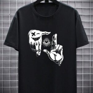 Beyaz Erkek Bisiklet Yaka Göz Baskılı Oversize/Geniş Kalıp Örme T-Shirt - Görsel 7