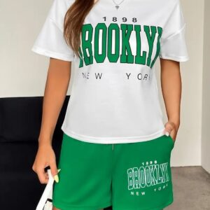 Kadın Beyaz Brooklyn Baskılı Siyah Şort Beyaz T-shirt 2 Li ,takım - Görsel 5