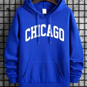 Sax Mavi Erkek Kalın İçi Polarlı Chicago Baskılı Oversize/Geniş Kalıp KapüşonluBasic Örme Sweatshirt - Görsel 3