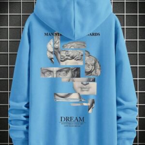 Yeşil Kalın İçi Polarlı Drem Baskılı Oversize/Geniş Kalıp Kapüşonlu Basic Örme Sweatshirt - Görsel 5
