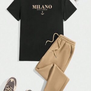 2li Milano Baskılı Beyaz T-Shirt Bej Eşofman - Tişört Alt Üst Takım Baskılı Bisiklet Yaka - Görsel 4