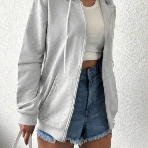 Kadın Gri Renk Kapüşonlu Fermuarlı Sweatshirt - Görsel 4